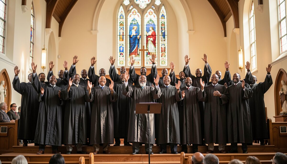 A community mass choir in white and burgundy robes on the platform of a Tampa church during a musical program.